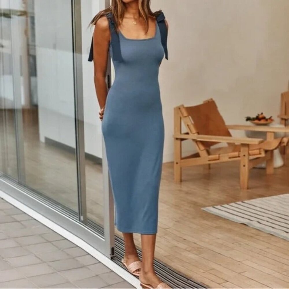 Summersalt NWT Poplin Ribbed Tie Shoulder Blue Maxi Dress Size Large‎